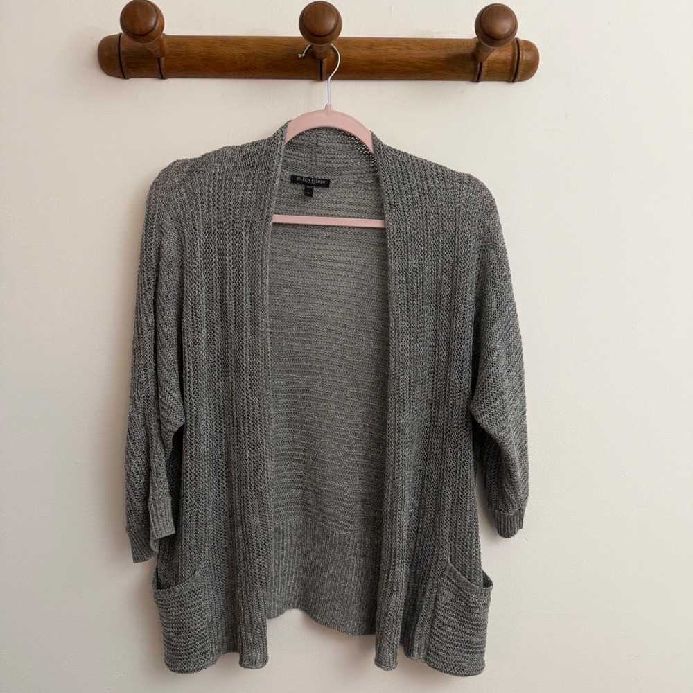 Eileen Fisher Petite Grey Linen Silk Open Front Cardigan Sweater PL Office Fine